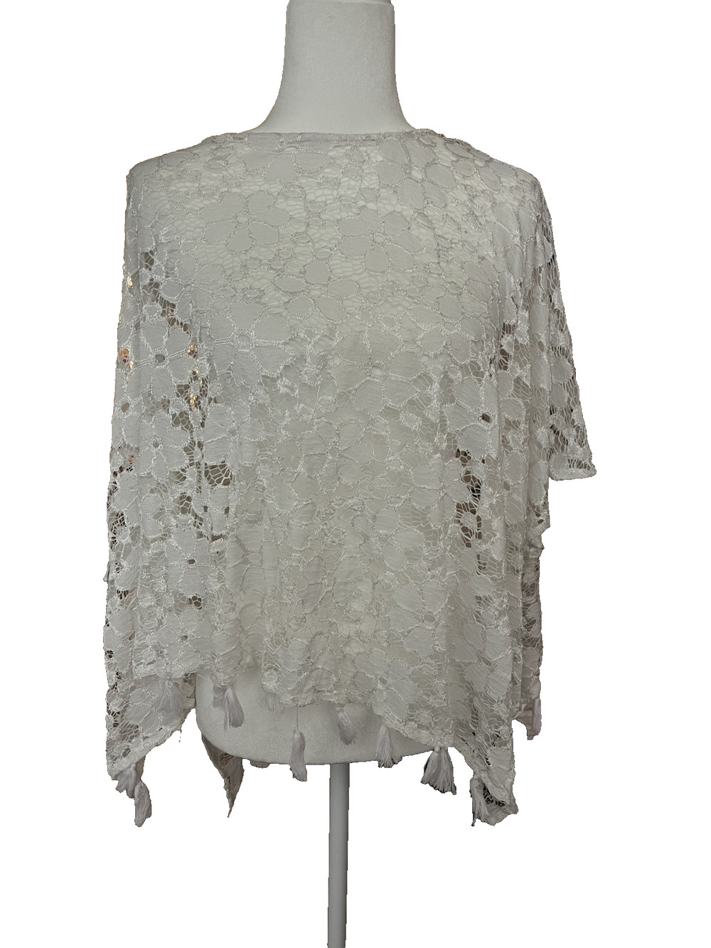 Women's One Size New York & Company White Sheer Knit Poncho Beach Y2K Chic Boho